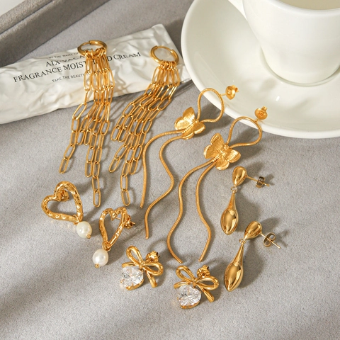 Damen Edelstahl Quaste Herz Sonne Schleife Ohrringe Strass Künstliche Perle Hängeohrringe Schmuck Für Party Geschenk
