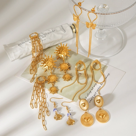 Damen Edelstahl Quaste Herz Sonne Schleife Ohrringe Strass Künstliche Perle Hängeohrringe Schmuck Für Party Geschenk
