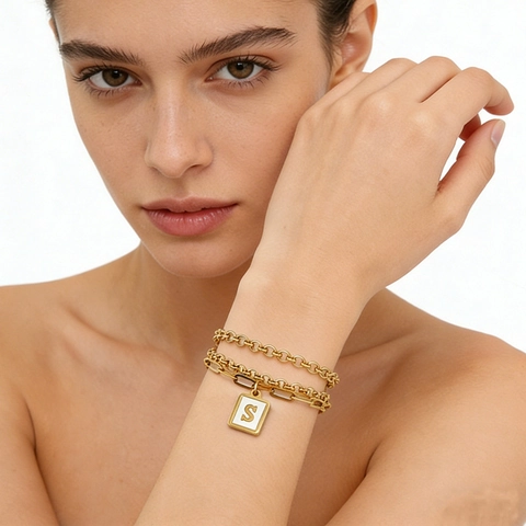 Double Layer Paperclip Chain Initial Letter Bracelet Women Titanium Steel Mother Of Artificial Pearl Shell Pendant Fashion Jewelry