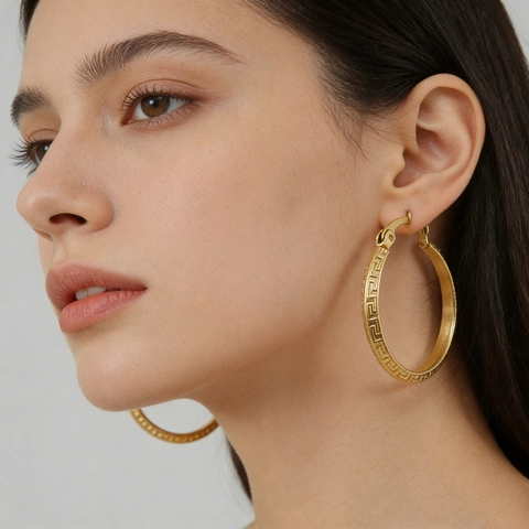 18K Gold Plated Stainless Steel Hoop Earrings For Women Minimalist Greca Pattern Geometric Fashion Jewelry Ear Piercing