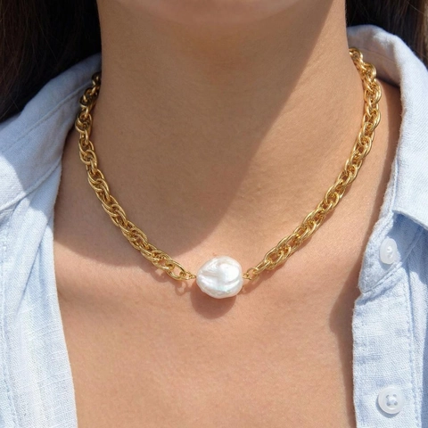 Collana E Bracciale A Catena Grossa Con Grande Perla Artificial Barocca Placcato Oro 18K Acciaio Inossidabile Gioielli Vintage Impermeabili