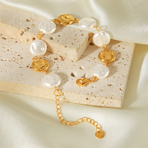 Vintage Gold Stainless Steel Artificial Pearl Bracelet For Women Baroque Style Metal Disc Chain Link Jewelry Accessory
