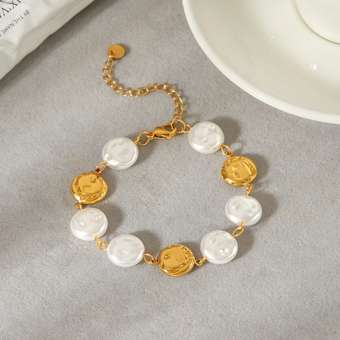 Vintage Gold Stainless Steel Artificial Pearl Bracelet For Women Baroque Style Metal Disc Chain Link Jewelry Accessory
