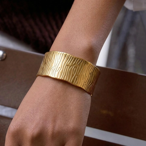 Wide Cuff Bracelet Stainless Steel 18K Gold Plated Textured Wave Pattern Waterproof Bold Minimalist Statement Bangle