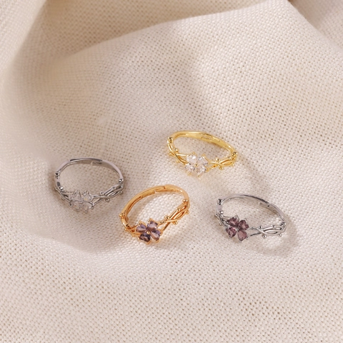 Anillo Abierto de Trébol de Cobre Chapado en Oro para Mujer Rama de Enredadera Ajustable Joyería de Moda Anillo Floral de Strass