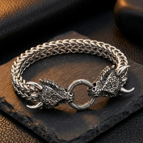 Bracciale da Uomo in Acciaio al Titanio con Testa di Dragone Vintage Hip Hop Western Fantasy Bracciale a Catena Pesante Gioielli