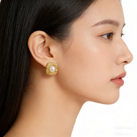 Artificial Pearl Stud Earrings Stainless Steel 18K Gold Plated French Retro Geometric Round Square Hammered Textured Jewelry For Women