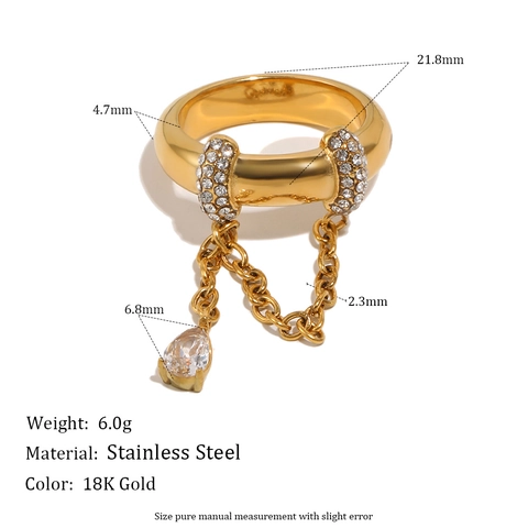 Bague en Acier Inoxydable Plaquée Or 18K Femme Luxe Léger Chaîne à Gland Zirconia Goutte d'Eau Bague Géométrique Mode