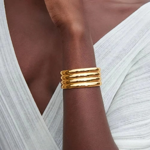 Wide Striped Cuff Bangle Bracelet Stainless Steel 18K Gold Plated High Polish Open Design Minimalist Jewelry
