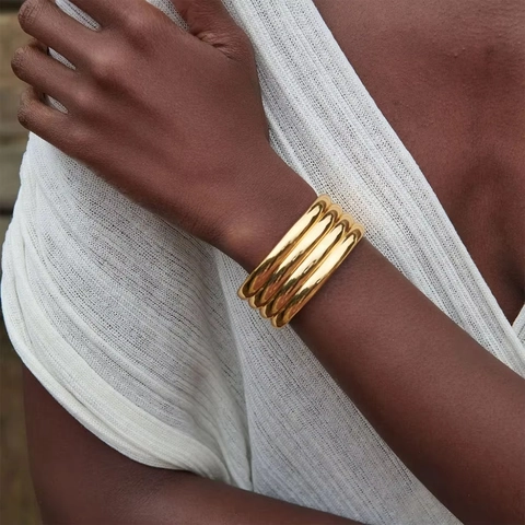 Wide Striped Cuff Bangle Bracelet Stainless Steel 18K Gold Plated High Polish Open Design Minimalist Jewelry