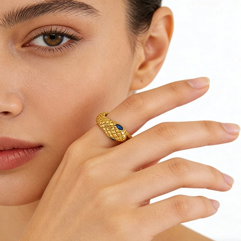 Slangenform Open Verstelbare Ring Roestvrij Staal 18K Verguld Blauwe Zirkoon Ogen Retro Dierlijke Sieraden Voor Dames Heren