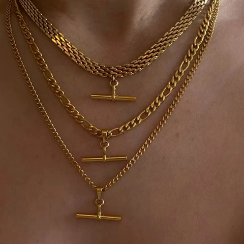 Stainless Steel T-bar Pendant Necklace Gold Plated Figaro Curb Rope Chain Jewelry For Women Waterproof