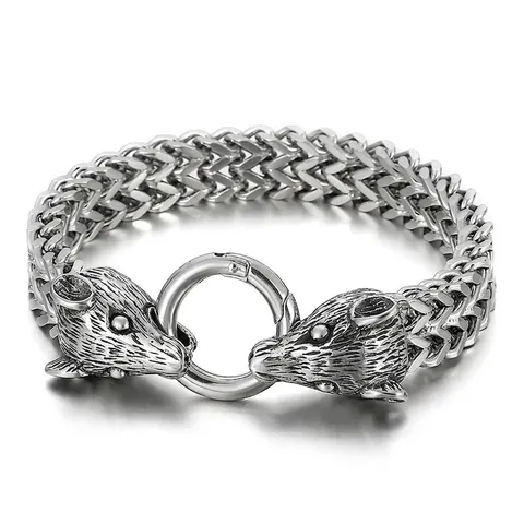 Herrenarmband Aus Geflochtener Weizenkette Edelstahl Vintage Punk Wikinger Sternzeichen Tierkopf O-Ring Verschluss Schmuck