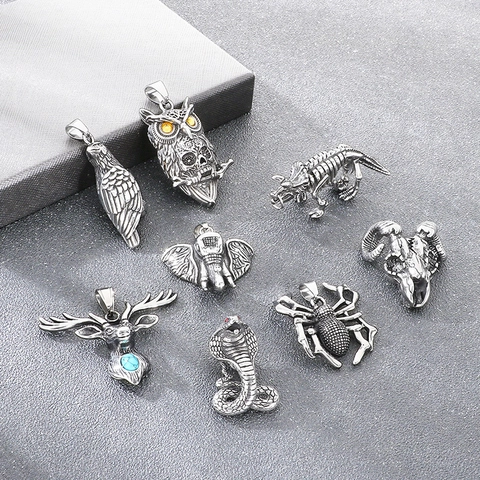 Exaggerated Gothic Animal Pendant For Men Titanium Steel Skull Spider Cobra Crow Deer Elephant Dinosaur Hip Hop Punk Jewelry