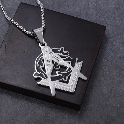 Freemasonry Pendant Necklace 316L Stainless Steel Black Enamel Rhinestone Vintage Masonic Square And Compass For Men