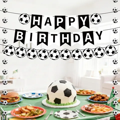 Banner Buon Compleanno Tema Calcio E Ghirlanda Per Decorazione Festa Sportiva Cartone Bianco E Nero Ornamenti Appesi