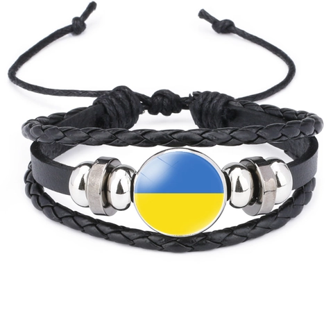 National Flag Braided Leather Bracelet Multi-layer Alloy Beads Glass Cabochon Adjustable Vintage Punk Jewelry