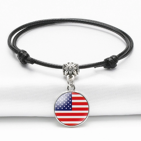 Verstelbare Gevlochten Leren Touw Armband Met Nationale Vlag Glazen Cabochon Legering Kraal Sieraden Voor Heren Dames Verenigde Staten