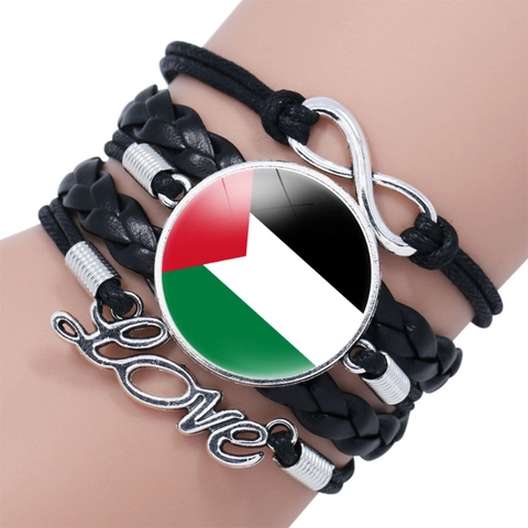 Pulsera Trenzada Multicapa Bandera Palestina Aleación Infinito Amor Amuleto Cuero Sintético Cabujón De Vidrio Joyería Bohemia