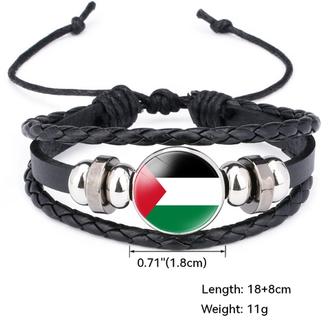 Pulsera De Cuero Trenzado Multicapa Patrón Bandera Palestina Con Cabuchón De Vidrio Cuentas De Aleación Joyería Ajustable