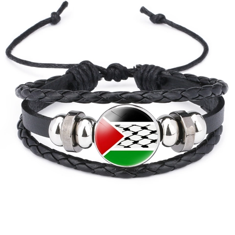 Pulsera De Cuero Trenzado Multicapa Patrón Bandera Palestina Con Cabuchón De Vidrio Cuentas De Aleación Joyería Ajustable