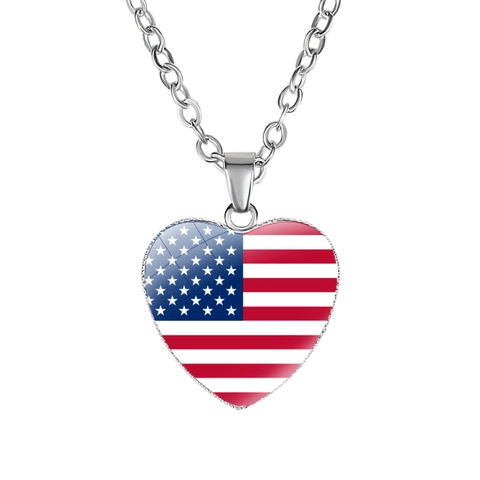 Patriotische USA Flagge Herz Halskette Glas Cabochon Legierung Anhänger Schmuck Zubehör Für Damen