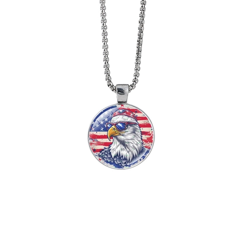 Patriotic American Flag Eagle Pendant Necklace Silver Alloy Round Glass Cabochon Jewelry Men Women Daily Wear Accessory