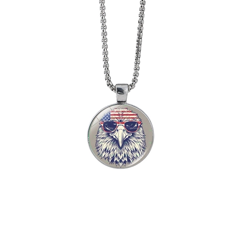 Patriotic American Flag Eagle Pendant Necklace Silver Alloy Round Glass Cabochon Jewelry Men Women Daily Wear Accessory