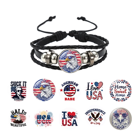 Multi-layer Braided Leather Bracelet With Alloy Beads And Glass Cabochon Patriotic USA Flag Eagle Jewelry For Men Women