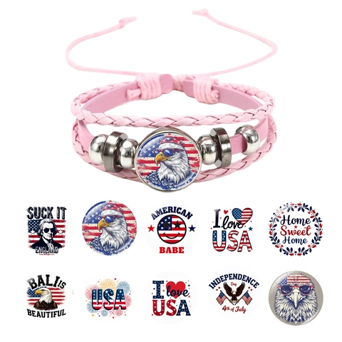 Multi-layer Braided Leather Bracelet With Alloy Beads And Glass Cabochon Patriotic USA Flag Eagle Jewelry For Men Women