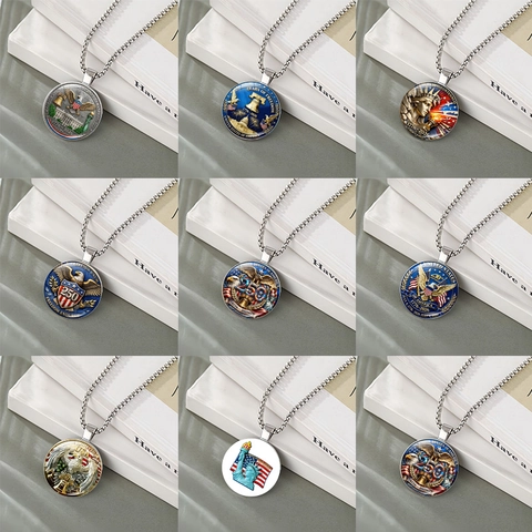 USA Jubiläum Runder Anhänger Halskette Silberfarbene Legierung Glas Cabochon Patriotische Flagge Adler Souvenir