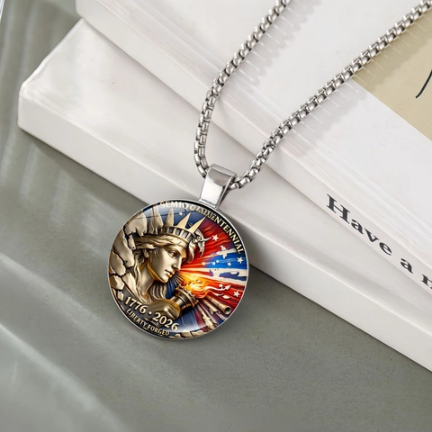 USA Jubiläum Runder Anhänger Halskette Silberfarbene Legierung Glas Cabochon Patriotische Flagge Adler Souvenir