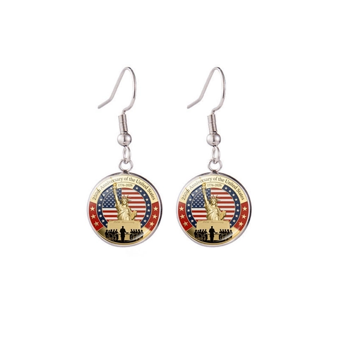 USA Jubileum Haak Oorbellen Zinklegering Glas Cabochon Patriotisch Vrijheidsklok Verenigde Staten Sieraden