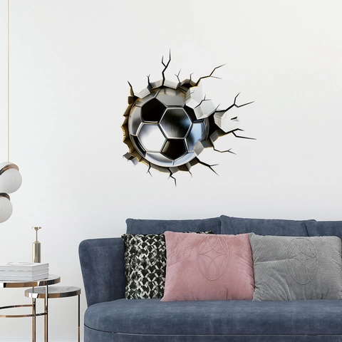 Sticker Mural Football 3D Effet Mur Cassé PVC Imperméable Amovible Décoration Pour Chambre D'enfant Salon