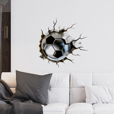 Sticker Mural Football 3D Effet Mur Cassé PVC Imperméable Amovible Décoration Pour Chambre D'enfant Salon