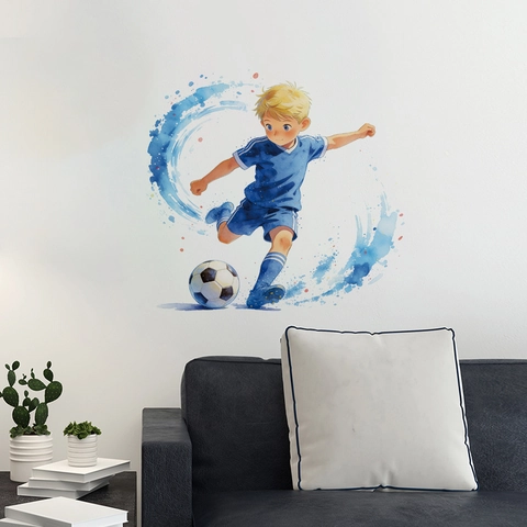 Sticker Mural Garçon De Football Aquarelle Autocollant PVC Imperméable Amovible Pour Chambre D'enfant Salon Décor Sport