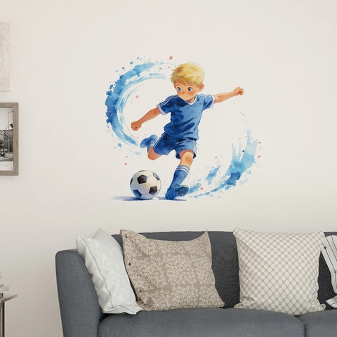 Sticker Mural Garçon De Football Aquarelle Autocollant PVC Imperméable Amovible Pour Chambre D'enfant Salon Décor Sport