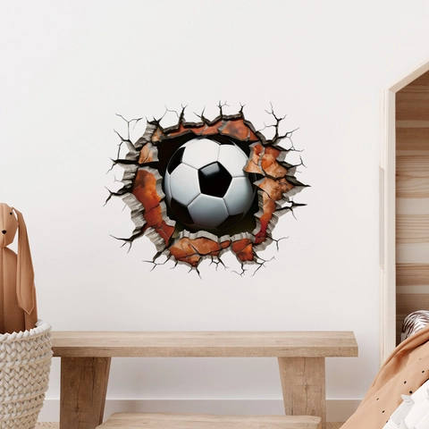 Sticker Mural Effet Mur Brisé Football 3D Autocollant PVC Imperméable Style Sport Décoration Salon Chambre