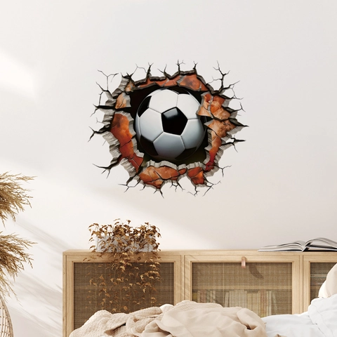 Sticker Mural Effet Mur Brisé Football 3D Autocollant PVC Imperméable Style Sport Décoration Salon Chambre