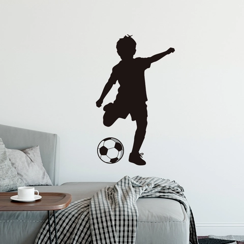Autocollant Mural Silhouette Garçon Football PVC Imperméable Amovible Décor Sport Chambre Enfants