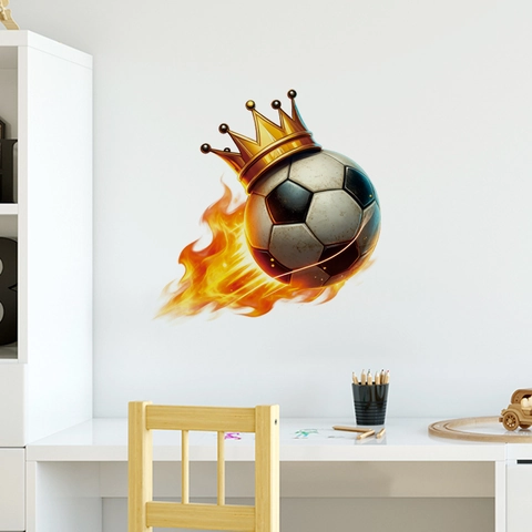Autocollant Mural De Football Flamme Dynamique Avec Couronne Dorée PVC Imperméable Autocollant Décoration De Chambre Sport