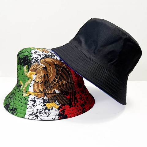 Reversible Mexico Flag Eagle Bucket Hat Vintage Polyester Sun Protection Outdoor Fisherman Hat For Men Women World Cup Gift