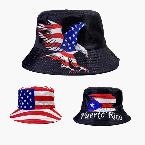 Bucket Hat Polyester US Flag Eagle Puerto Rico Print Sun Protection Outdoor Foldable Fisherman Cap For Men Women