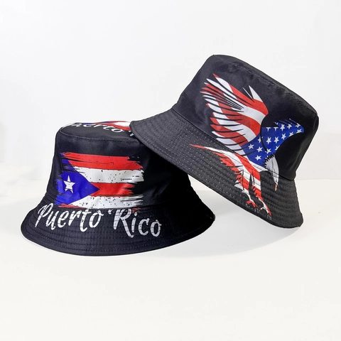 Bucket Hat Polyester US Flag Eagle Puerto Rico Print Sun Protection Outdoor Foldable Fisherman Cap For Men Women