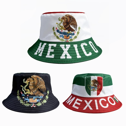 Mexico National Flag Bucket Hat Polyester Foldable Sun Protection For World Cup Fans Cheering Unisex Ethnic Style