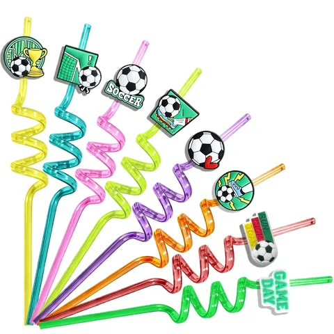 Bunte Spiral Trinkhalme Fußball Thema Wiederverwendbare Kunststoff Cartoon Strohhalm Aufsätze Für Party Dekoration Fans