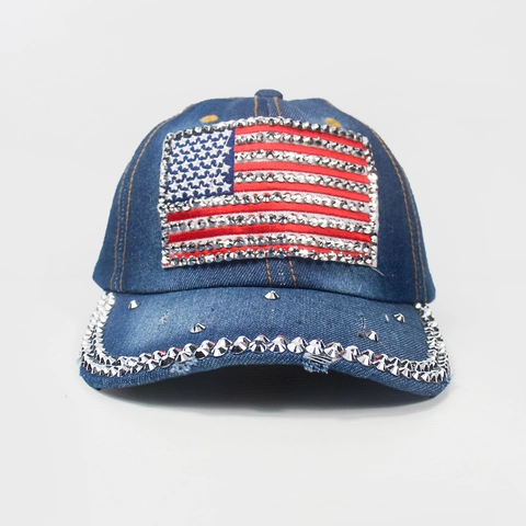 US Flag Rhinestone Baseball Cap Distressed Denim Cotton Studded Sun Protection Streetwear Adjustable Fashion Hat