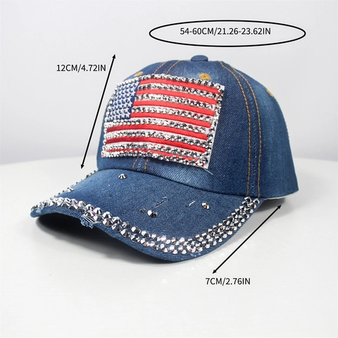 US Flag Rhinestone Baseball Cap Distressed Denim Cotton Studded Sun Protection Streetwear Adjustable Fashion Hat