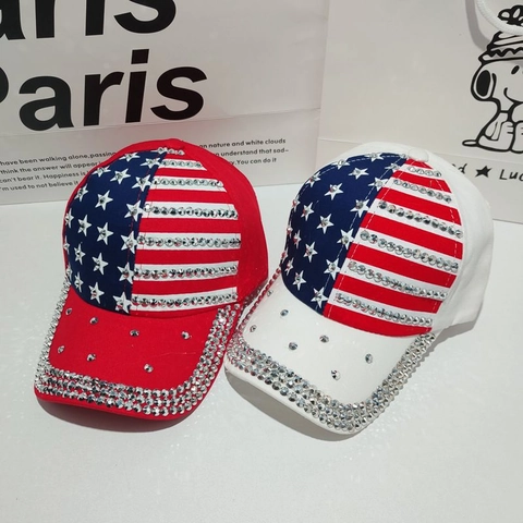 Cappello Da Baseball Con Strass Bandiera Americana Motivo Stelle Strisce Cotone Regolabile Moda Cappello Trucker Brillante