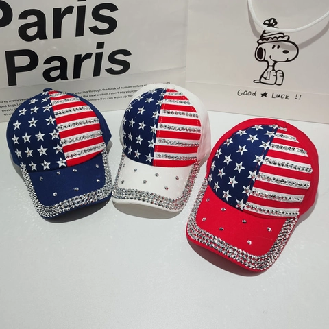 Cappello Da Baseball Con Strass Bandiera Americana Motivo Stelle Strisce Cotone Regolabile Moda Cappello Trucker Brillante